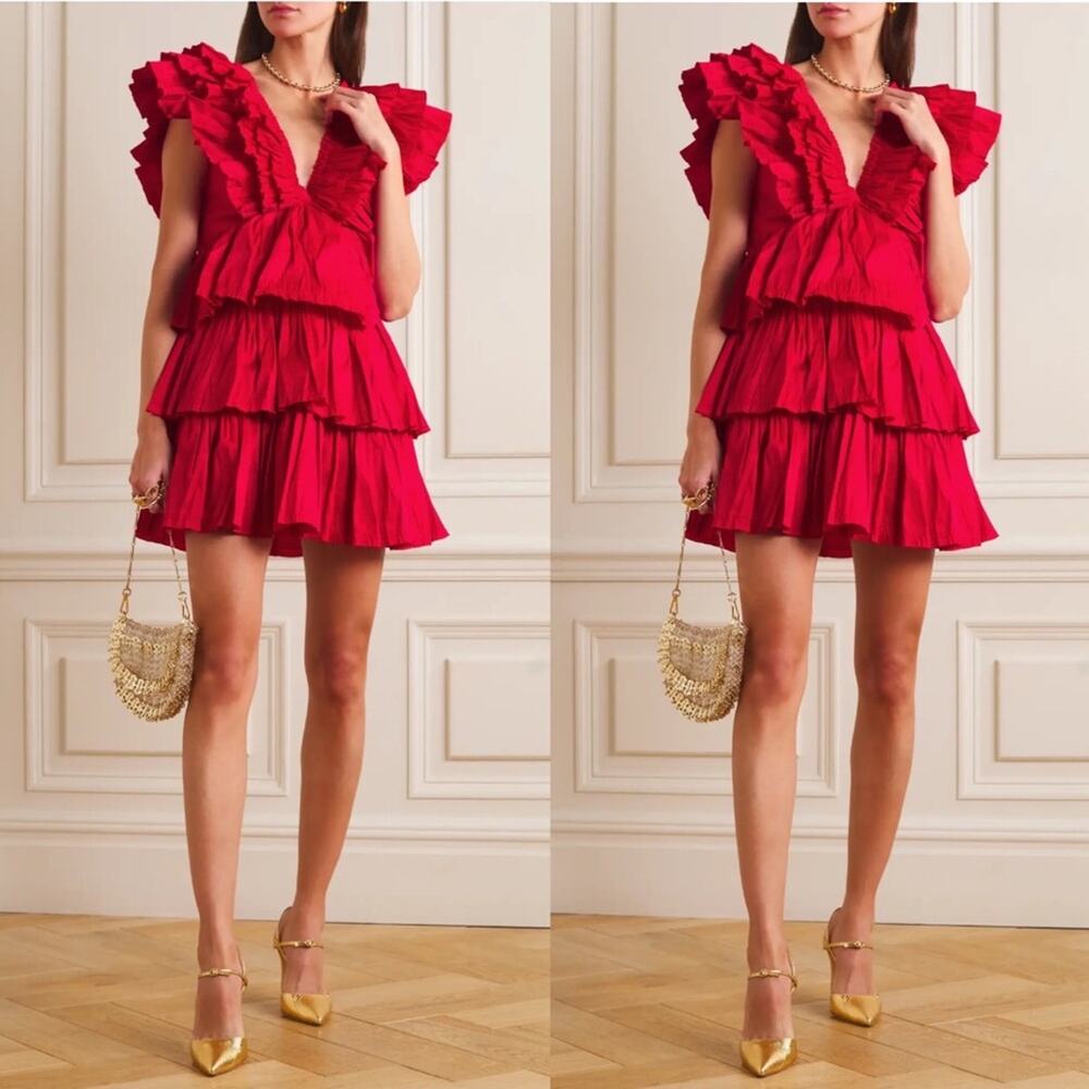 Aje Red Tiered Ruffle Mini Dress